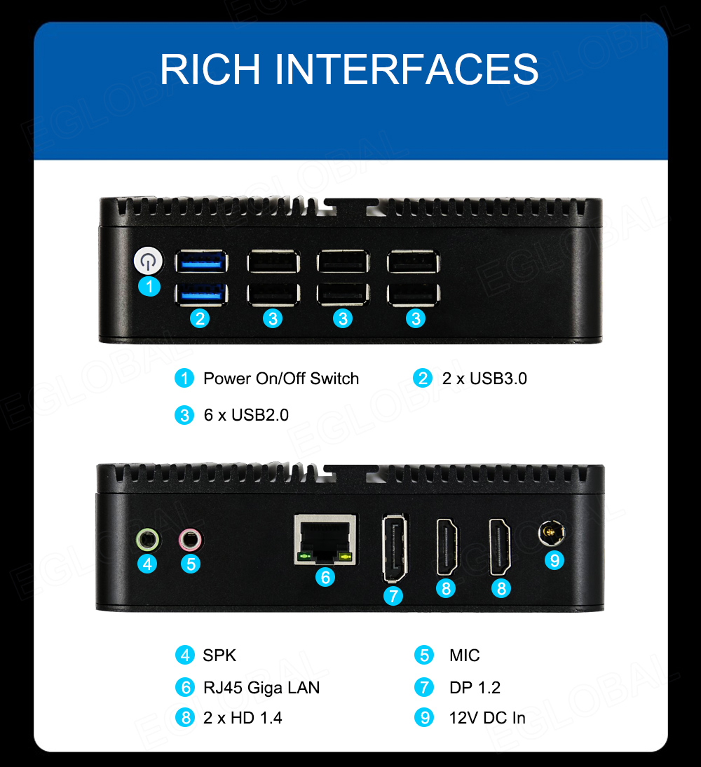 RICH INTERFACES O Power On/Off Switch 0 2 x USB3.0 0 6 x USB2.0 O SPK © RJ45 Giga LAN © 2xHD 1.4 © MIC © DP 1.2 © 12V DC In