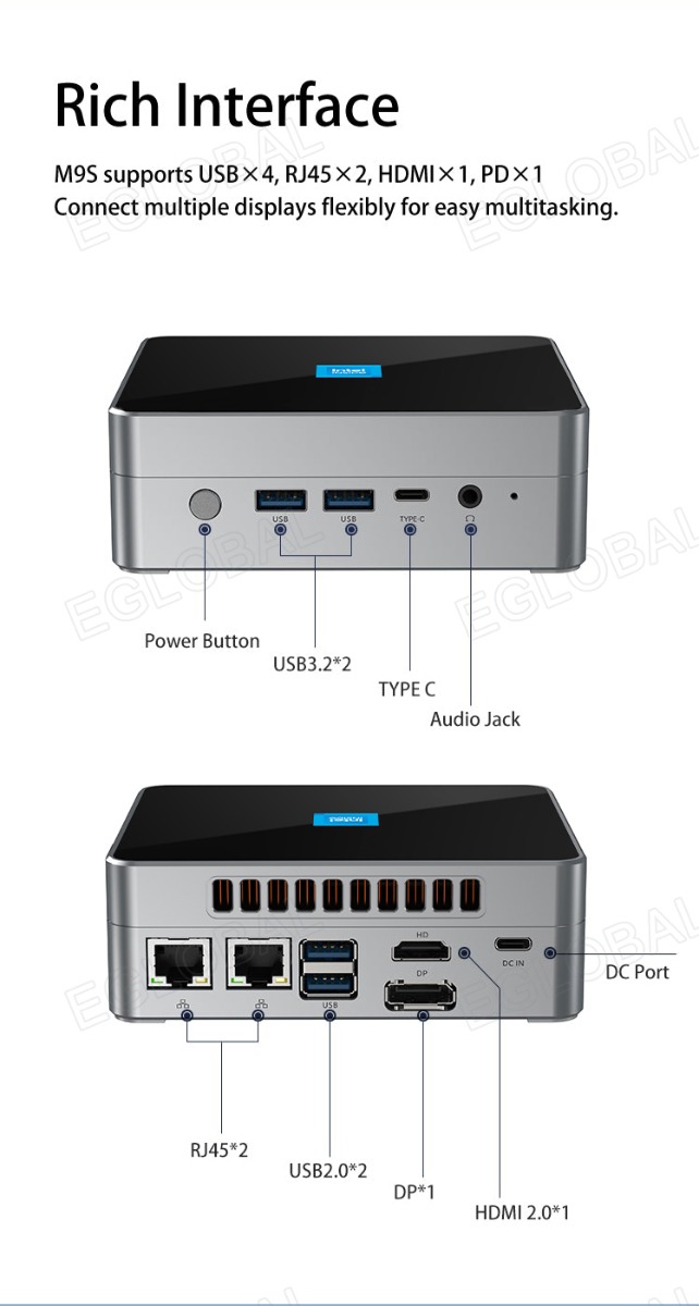 Rich Interface M9S supports USB X4, RJ45 X2, HDMI X1, PD X1 Connect multiple displays flexibly for easy multitasking. Power Button USB3.2*2 TYPEC Audio Jack HDMI 2.0*1